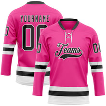 Load image into Gallery viewer, Custom Pink Black-White Hockey Lace Neck Jersey
