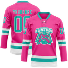 Load image into Gallery viewer, Custom Pink Aqua-White Hockey Lace Neck Jersey
