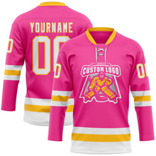 Load image into Gallery viewer, Custom Pink White-Gold Hockey Lace Neck Jersey
