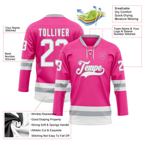 Custom Pink White-Gray Hockey Lace Neck Jersey