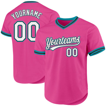 Custom Pink Black-Teal Authentic Throwback Baseball Jersey