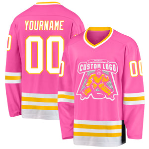 Custom Pink White-Gold Hockey Jersey