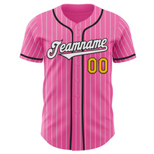 Load image into Gallery viewer, Custom Pink White Pinstripe Gold-Black Authentic Baseball Jersey
