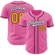 Load image into Gallery viewer, Custom Pink White Pinstripe Gold-Black Authentic Baseball Jersey
