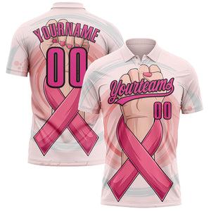 Custom Light Pink Pink-Black 3D Breast Cancer Awareness Month With Woman Hand And Pink Ribbon Women Health Care Support Performance Polo Shirt