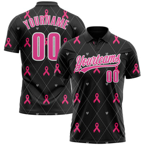 Custom Black Pink-White 3D Pink Ribbon Breast Cancer Awareness Month Women Health Care Support Performance Polo Shirt