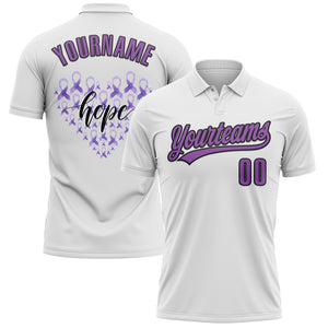 Custom White Medium Purple-Black 3D World Cancer Day Heart Ribbon Hope Performance Polo Shirt