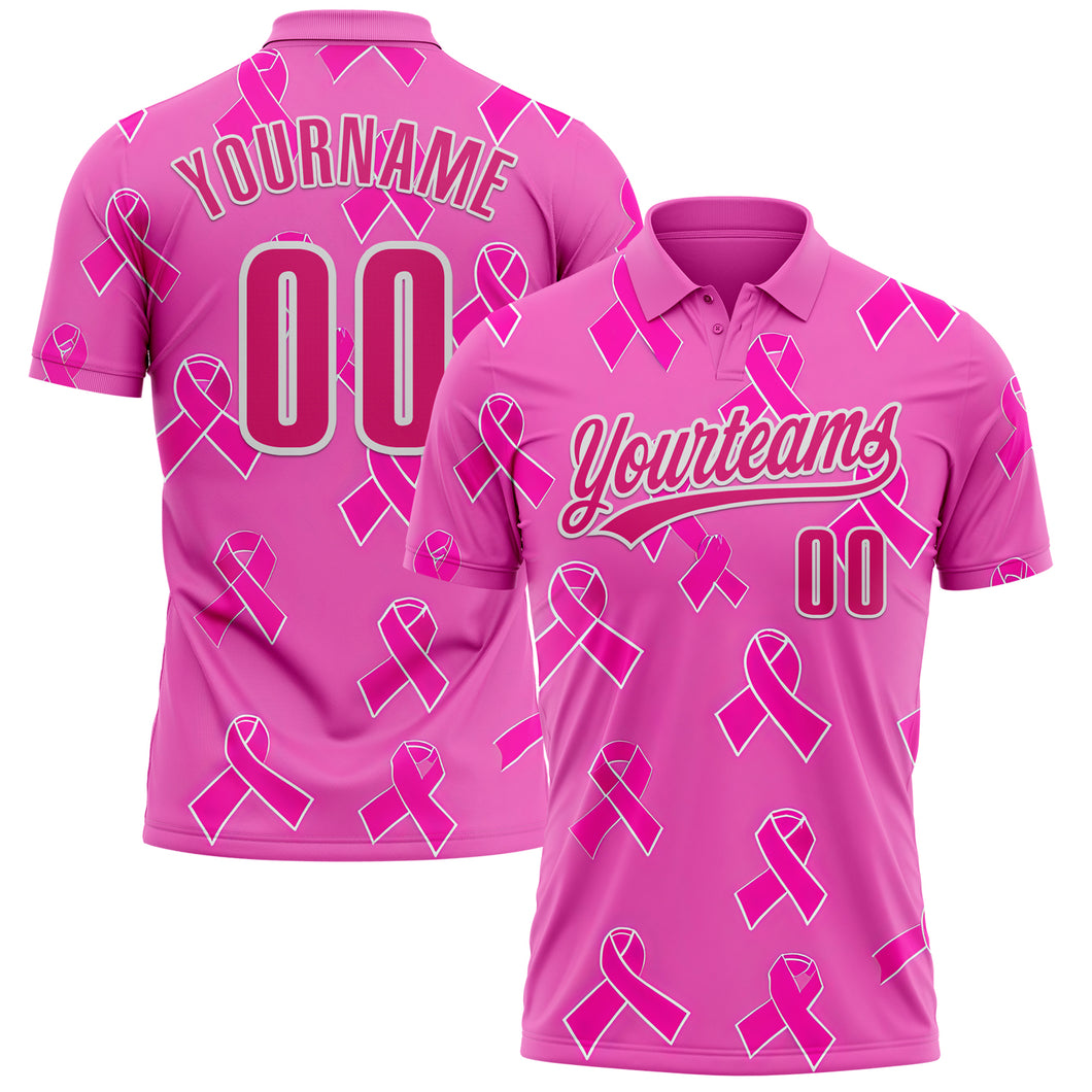 Custom Pink Hot Pink-White 3D Pink Ribbon Breast Cancer Awareness Month Women Health Care Support Performance Polo Shirt