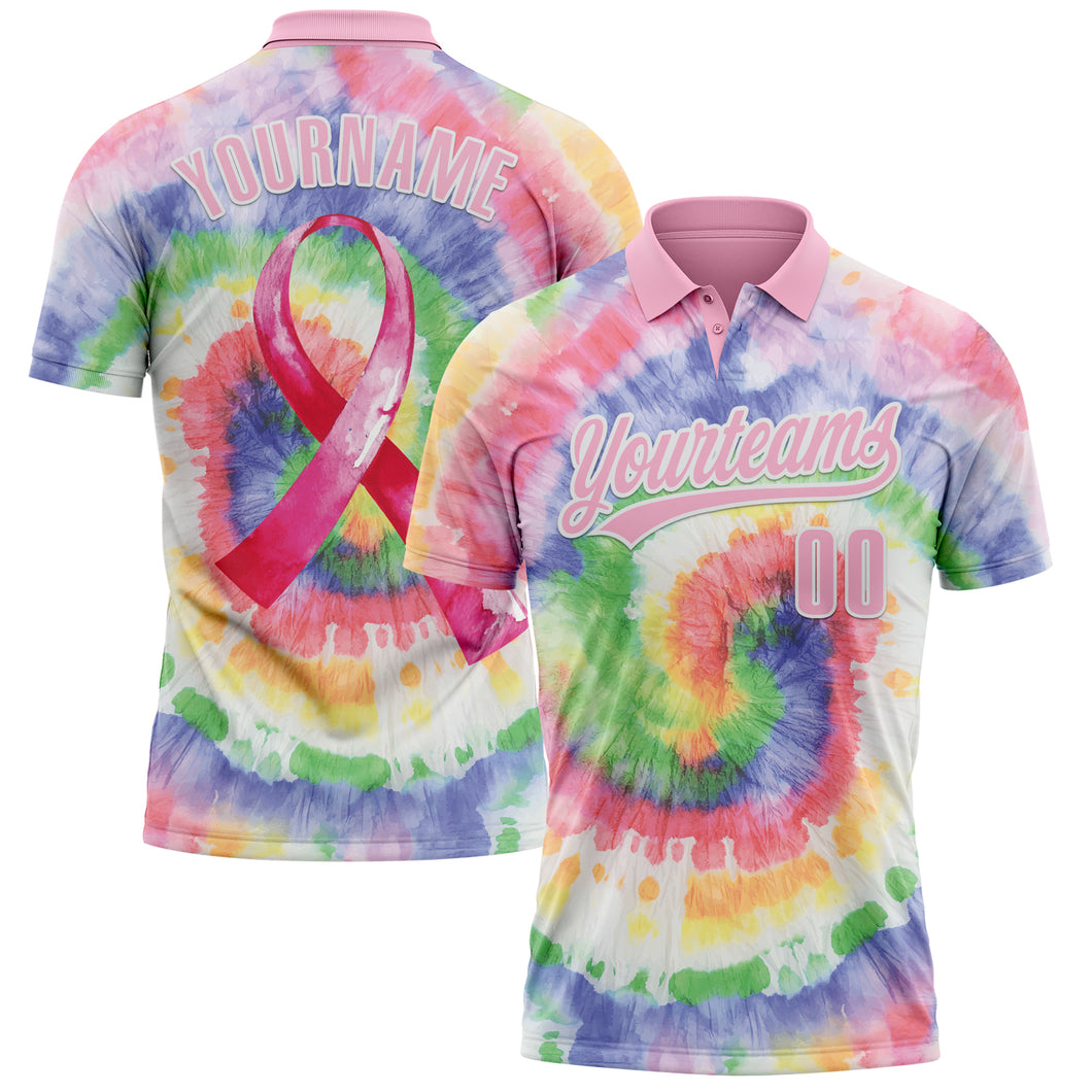 Custom Tie Dye Light Pink-White 3D Pink Ribbon Breast Cancer Awareness Month Women Health Care Support Performance Polo Shirt