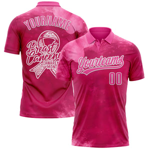 Custom Hot Pink Pink-White 3D Pink Ribbon Breast Cancer Awareness Month Women Health Care Support Performance Polo Shirt