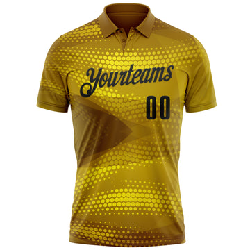 Custom Old Gold Black 3D Bowling Abstract Halftone Performance Polo Shirt