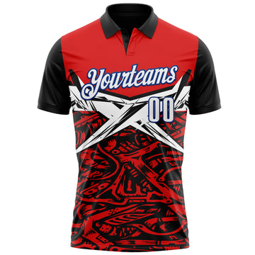 Custom Red Royal-Black 3D Bowling Performance Polo Shirt