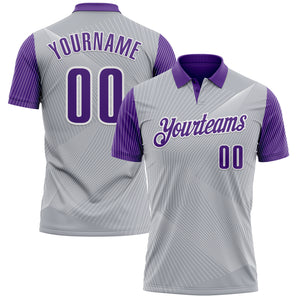 Custom Gray Purple-White 3D Bowling Line Performance Polo Shirt