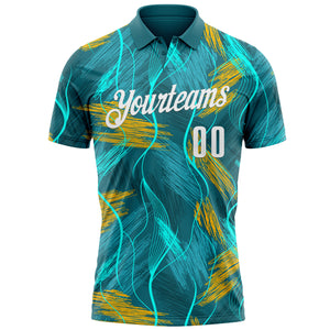 Custom Teal Old Gold-White 3D Bowling Line Performance Polo Shirt