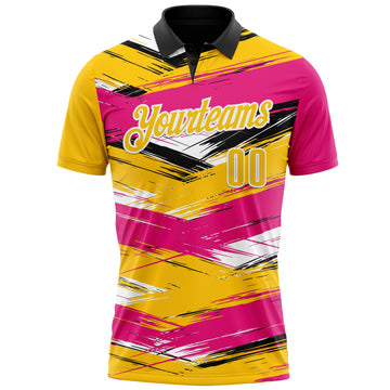 Custom Hot Pink Yellow-Black 3D Bowling Abstract Grunge Art Performance Polo Shirt