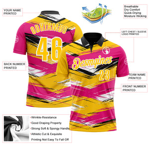 Custom Hot Pink Yellow-Black 3D Bowling Abstract Grunge Art Performance Polo Shirt