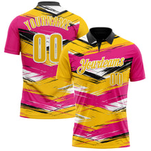 Load image into Gallery viewer, Custom Hot Pink Yellow-Black 3D Bowling Abstract Grunge Art Performance Polo Shirt
