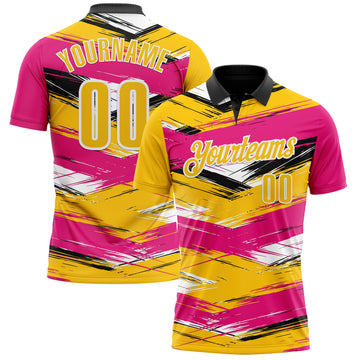 Custom Hot Pink Yellow-Black 3D Bowling Abstract Grunge Art Performance Polo Shirt