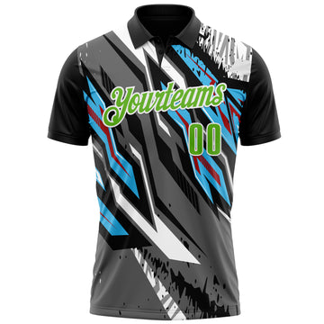 Custom Black Aurora Green Gray Sky Blue-Red 3D Bowling Abstract Grunge Art Performance Polo Shirt