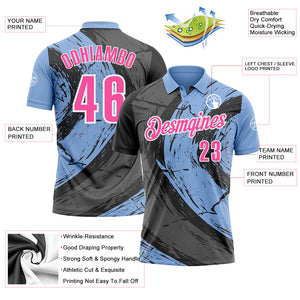 Custom Light Blue Pink-Steel Gray 3D Bowling Splash Ink Performance Polo Shirt