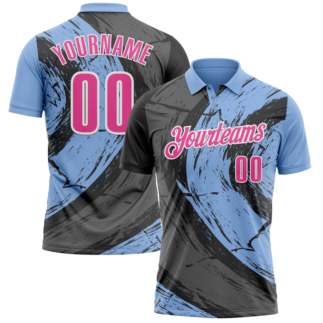 Custom Light Blue Pink-Steel Gray 3D Bowling Splash Ink Performance Polo Shirt