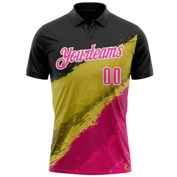 Custom Black Pink-Old Gold 3D Bowling Splash Ink Performance Polo Shirt