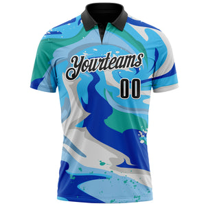 Custom Thunder Blue Black-Sky Blue 3D Bowling Splash Ink Performance Polo Shirt