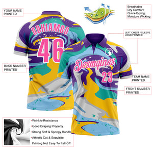 Custom Purple Pink Yellow-Aqua 3D Bowling Splash Ink Performance Polo Shirt