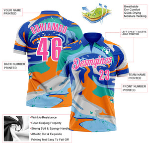 Custom Thunder Blue Pink Bay Orange-Aqua 3D Bowling Splash Ink Performance Polo Shirt