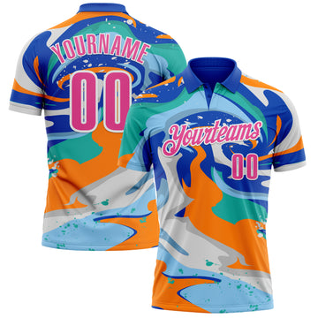 Custom Thunder Blue Pink Bay Orange-Aqua 3D Bowling Splash Ink Performance Polo Shirt