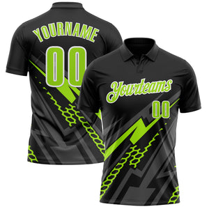 Custom Black Neon Green-White 3D Bowling Geometric Shape Performance Polo Shirt