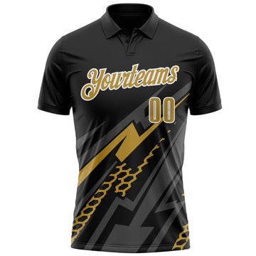 Custom Black Old Gold-White 3D Bowling Geometric Shape Performance Polo Shirt