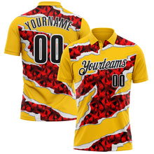 Load image into Gallery viewer, Custom Yellow Black-Red 3D Bowling Torn Paper Style Performance Polo Shirt
