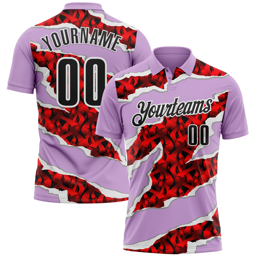 Custom Light Purple Black-Red 3D Bowling Torn Paper Style Performance Polo Shirt