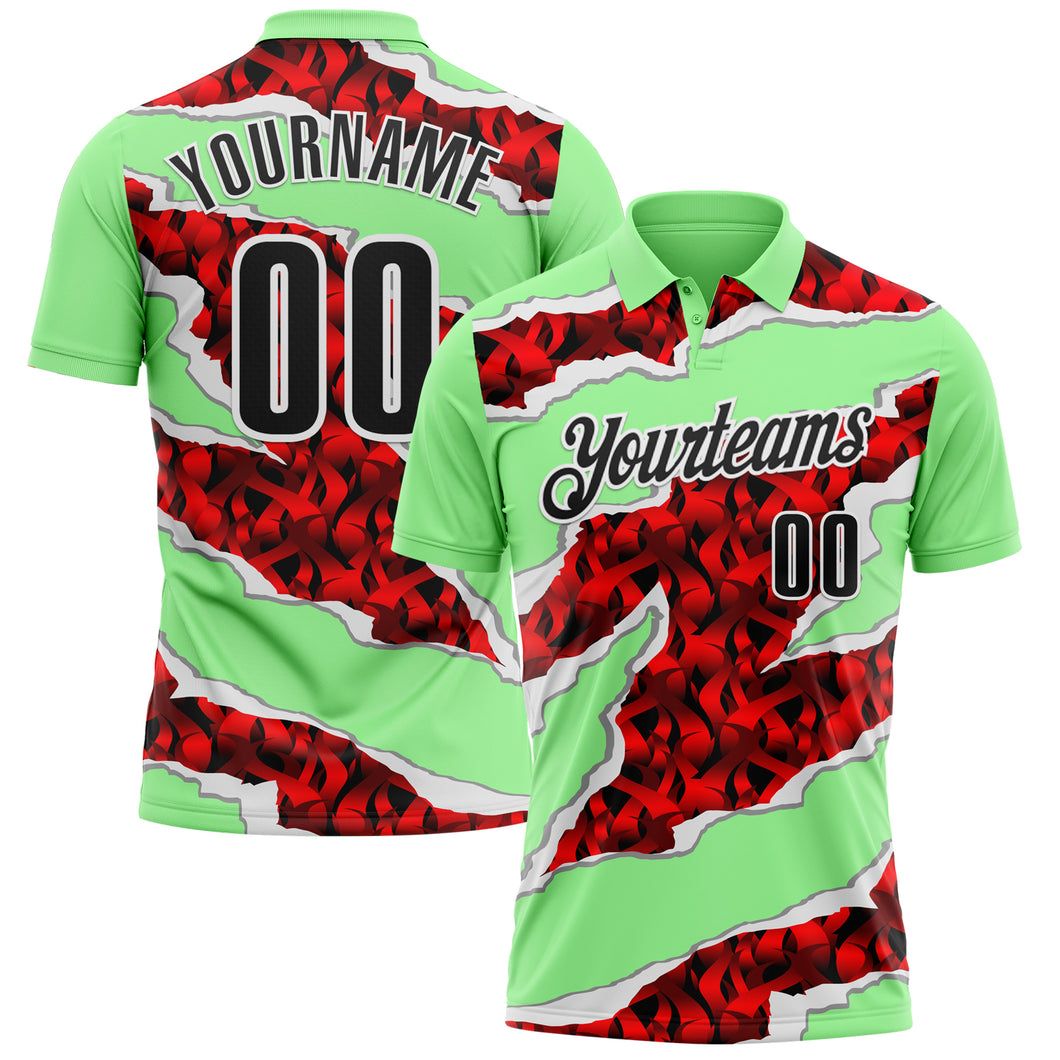 Custom Pea Green Black-Red 3D Bowling Torn Paper Style Performance Polo Shirt