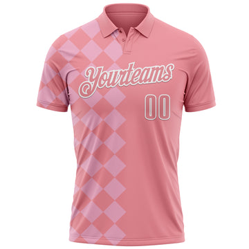 Custom Medium Pink Light Pink-White 3D Bowling Geometric Square Shape Performance Polo Shirt