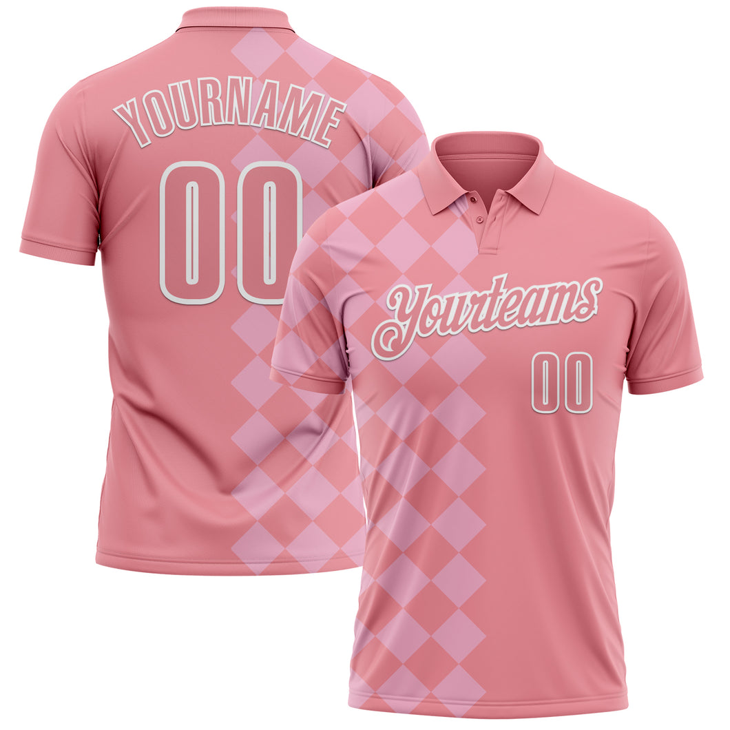 Custom Medium Pink Light Pink-White 3D Bowling Geometric Square Shape Performance Polo Shirt