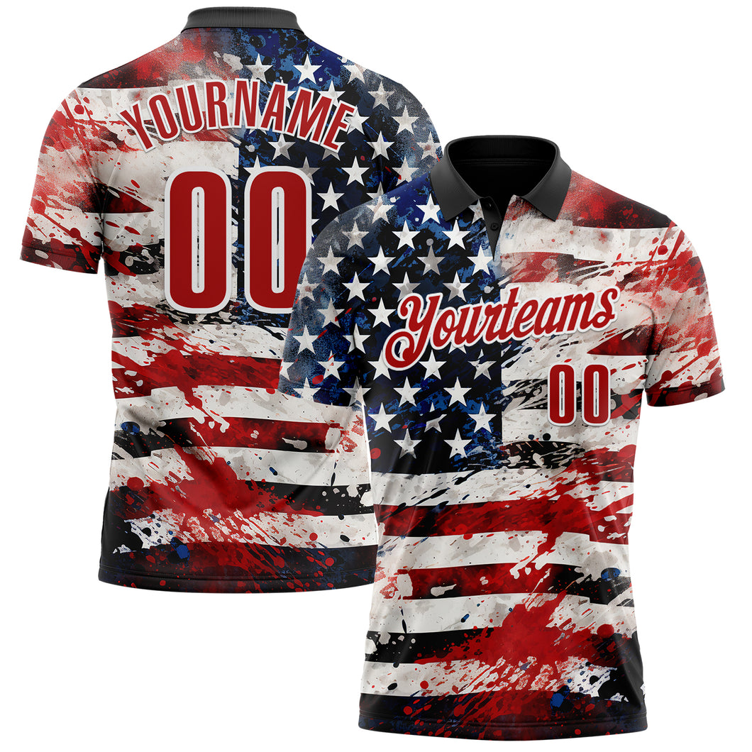 Custom Black Red-White 3D American Flag Performance Polo Shirt