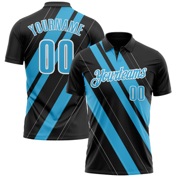 Custom Black Sky Blue-White 3D Bowling Line Shape Performance Polo Shirt