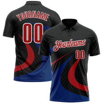 Custom Black Red-Royal 3D Bowling Geometric Shape Performance Polo Shirt