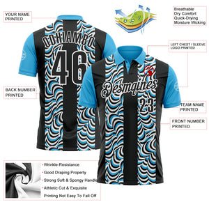 Custom Black Sky Blue-White 3D Bowling Geometric Shape Performance Polo Shirt