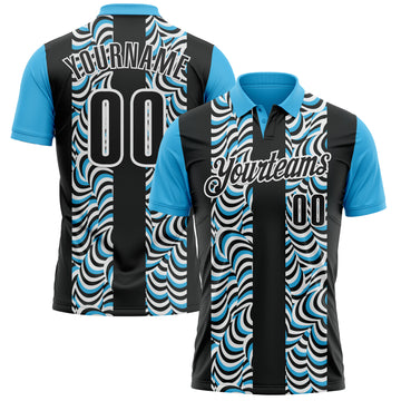 Custom Black Sky Blue-White 3D Bowling Geometric Shape Performance Polo Shirt