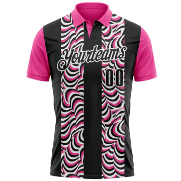 Custom Black Pink-White 3D Bowling Geometric Shape Performance Polo Shirt