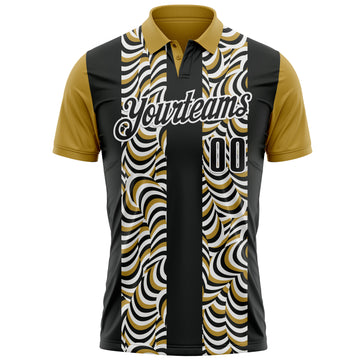 Custom Black Old Gold-White 3D Bowling Geometric Shape Performance Polo Shirt