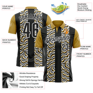 Custom Black Old Gold-White 3D Bowling Geometric Shape Performance Polo Shirt