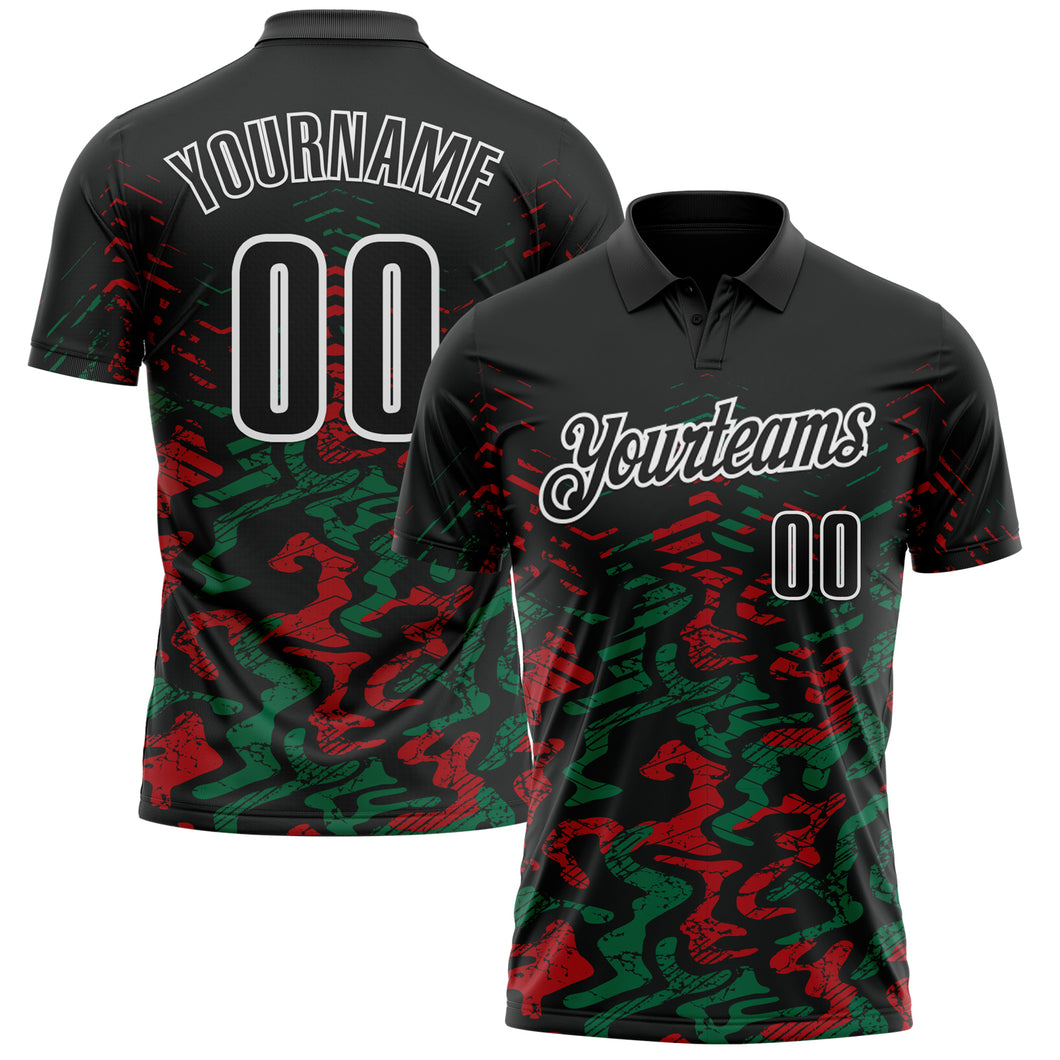 Custom Black Kelly Green-Red 3D Bowling Abstract Grunge Art Performance Polo Shirt