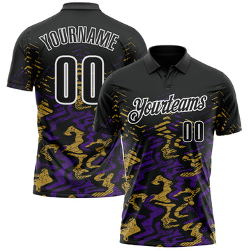 Custom Black Purple-Old Gold 3D Bowling Abstract Grunge Art Performance Polo Shirt