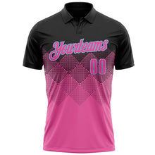 Load image into Gallery viewer, Custom Black Pink-Light Blue 3D Pattern Design Gradient Square Shape Performance Polo Shirt
