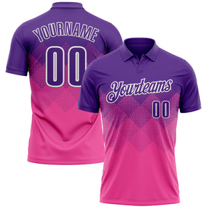 Custom Purple Pink-White 3D Pattern Design Gradient Square Shape Performance Polo Shirt