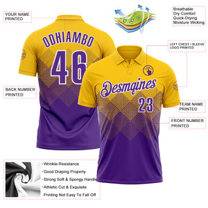 Custom Yellow Purple-White 3D Pattern Design Gradient Square Shape Performance Polo Shirt